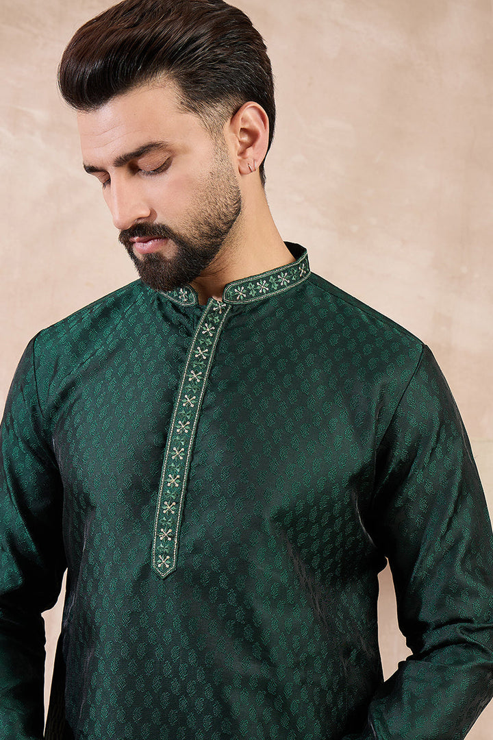 Green Silk Blend Solid Woven Design Straight Kurta For Men | SHOBITAM