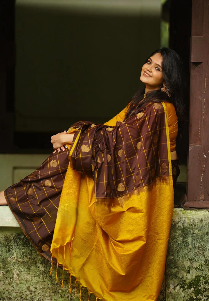 Preorder : Coffee brown Art Silk Saree with rudraksham mayil kattam body | SHOBITAM