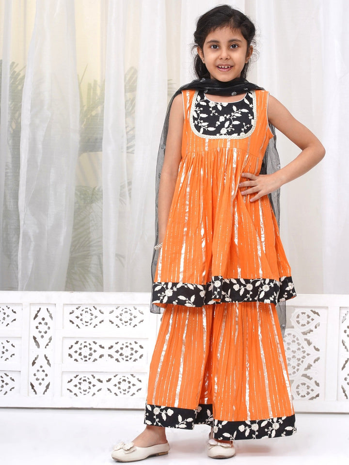 Girls Cotton Sleeveless White Thread Floral Embroidery Kurta Frock with Sharara and Dupatta - Orange | SHOBITAM