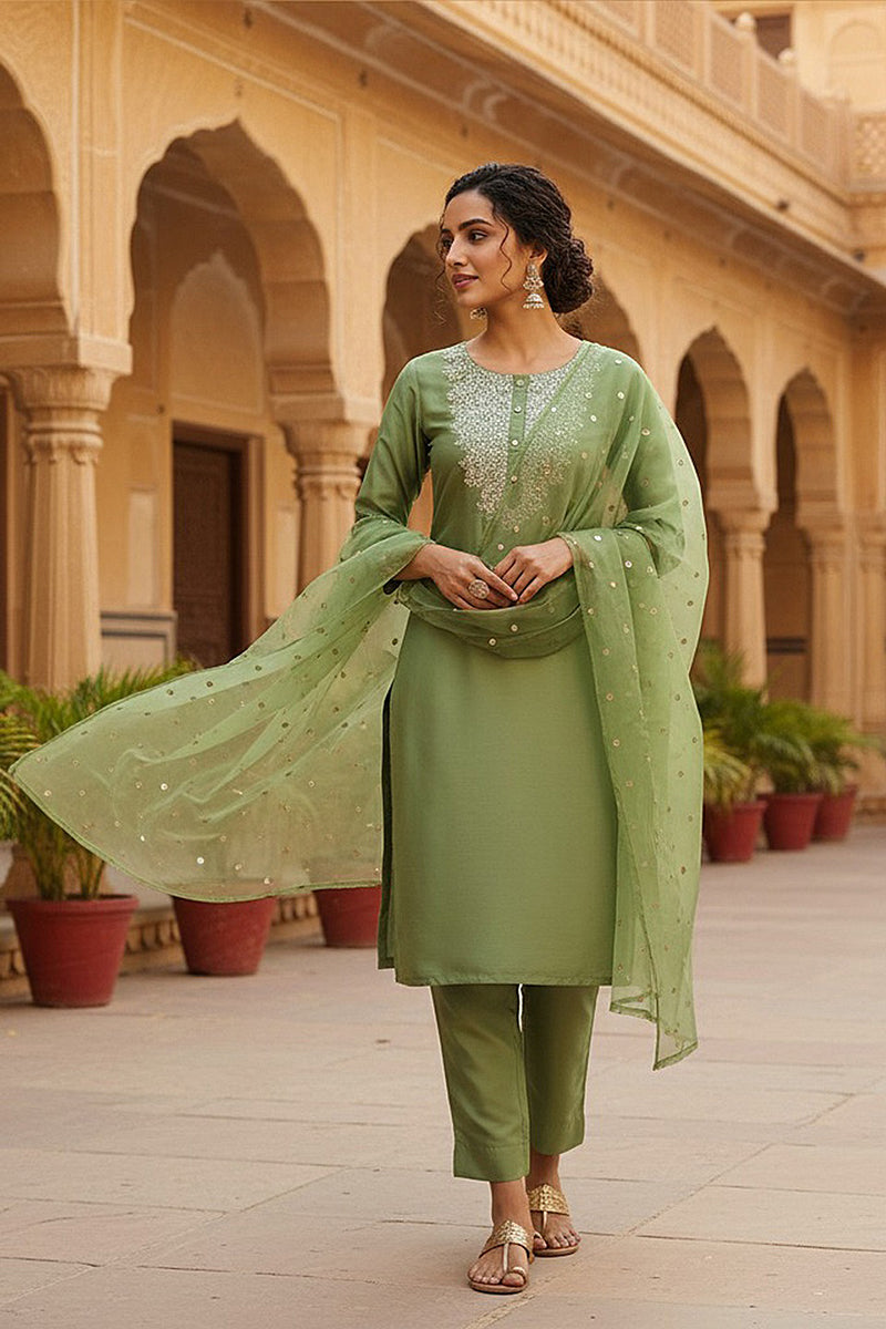 Green Poly Silk Solid Yoke Design Kurta Trousers With Dupatta | SHOBITAM