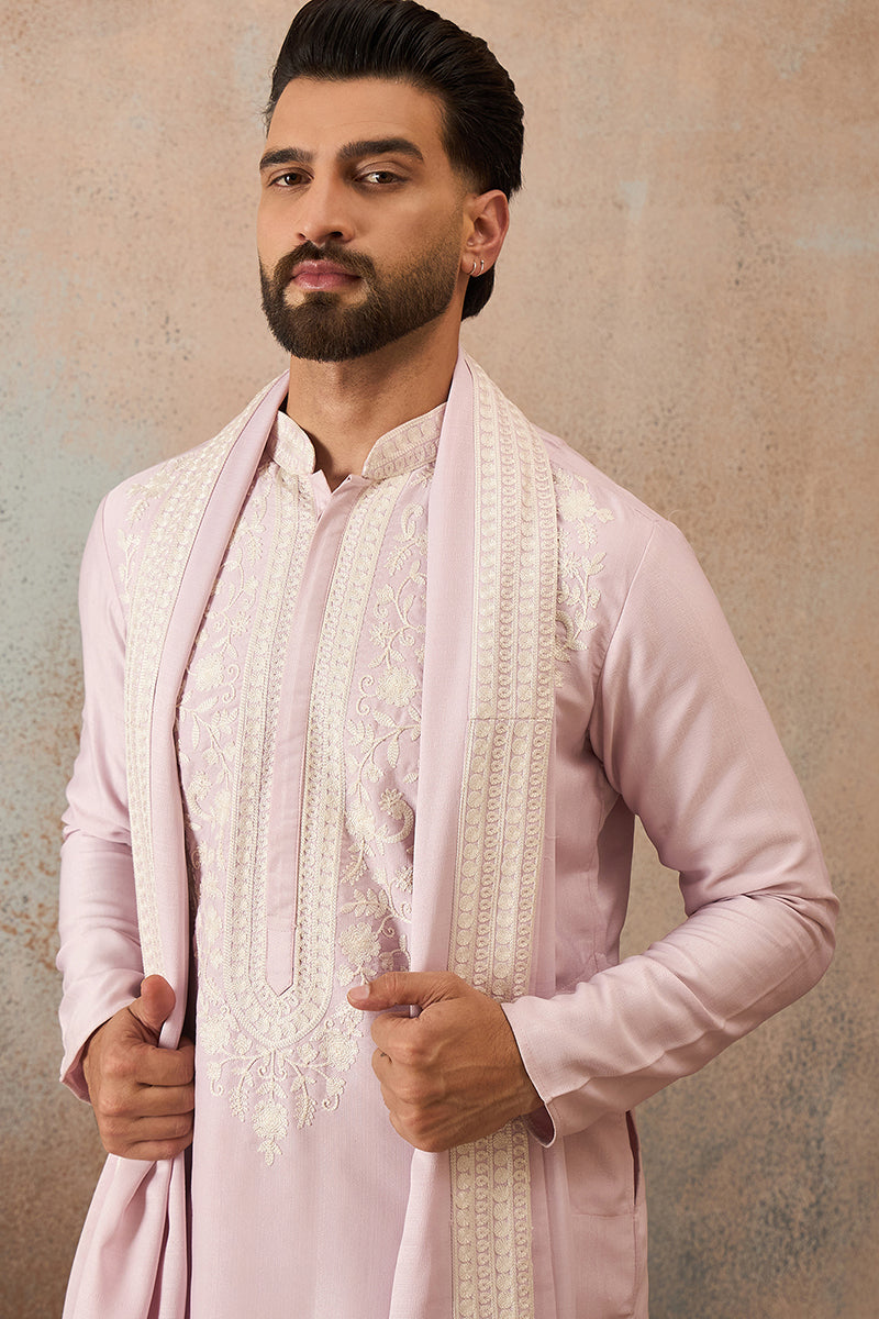 Mens Lavender Silk Blend Solid Embroidered Kurta Trouser With Dupatta  | SHOBITAM