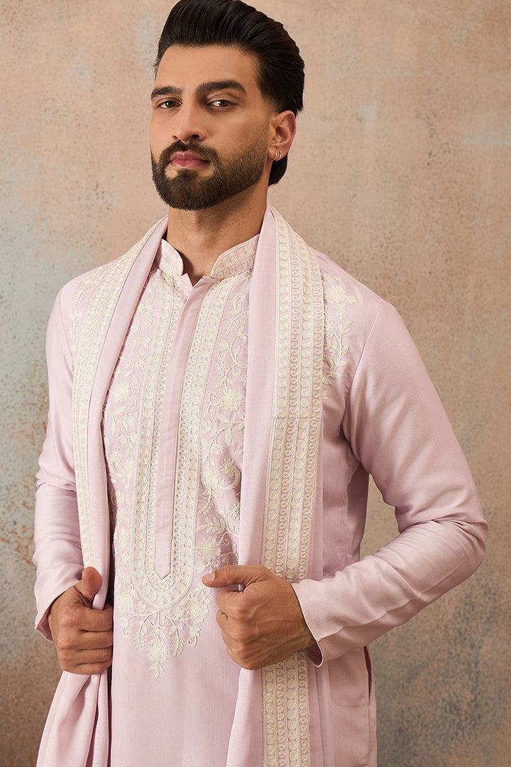 Mens Lavender Silk Blend Solid Embroidered Kurta Trouser With Dupatta  | SHOBITAM
