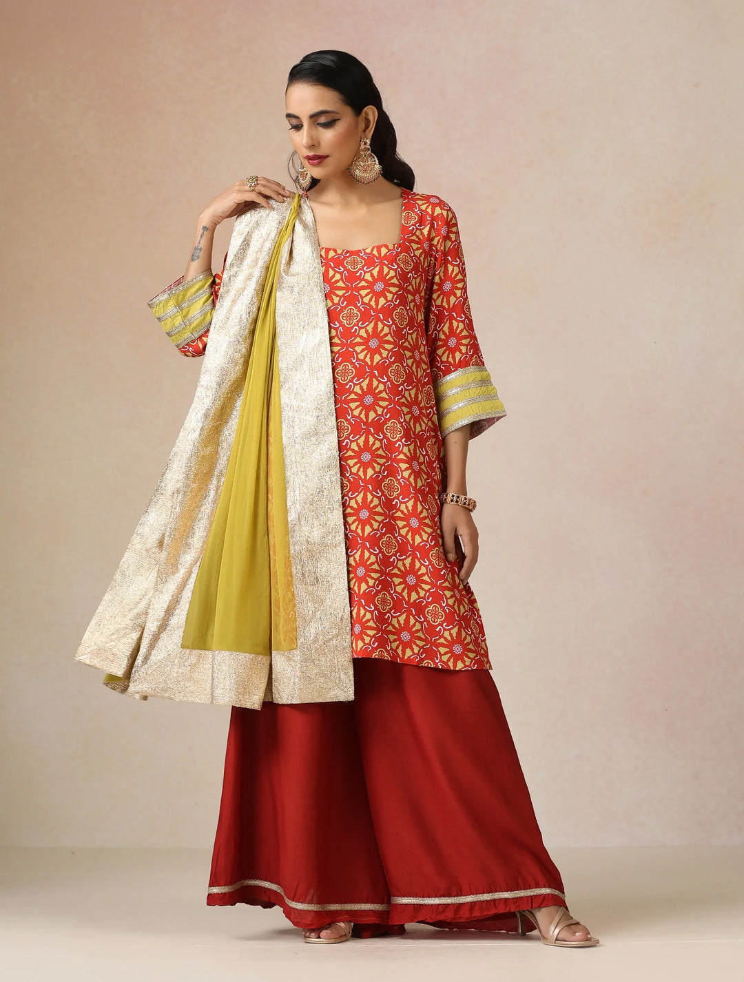 Red Light Green Print Viscose Kurta Sharara Set| SHOBITAM