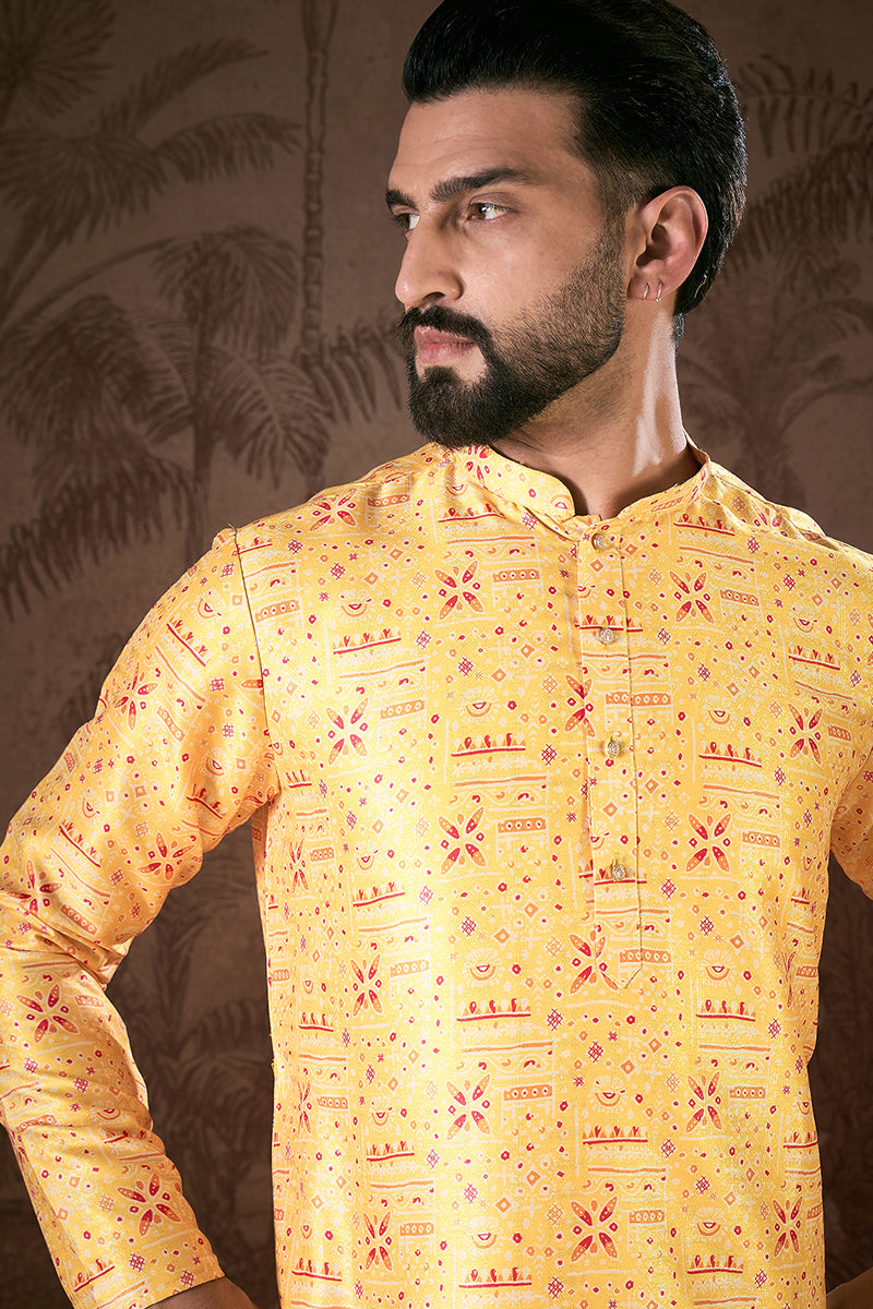 Yellow Silk Blend Ethnic Motifs Printed Straight Kurta For Men | SHOBITAM