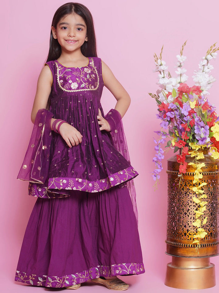 Girls Chanderi Semi- Silk Sleeveless Floral Embrodiery Kurta Frock with Sharara and Dupatta -Rayon Purple | SHOBITAM