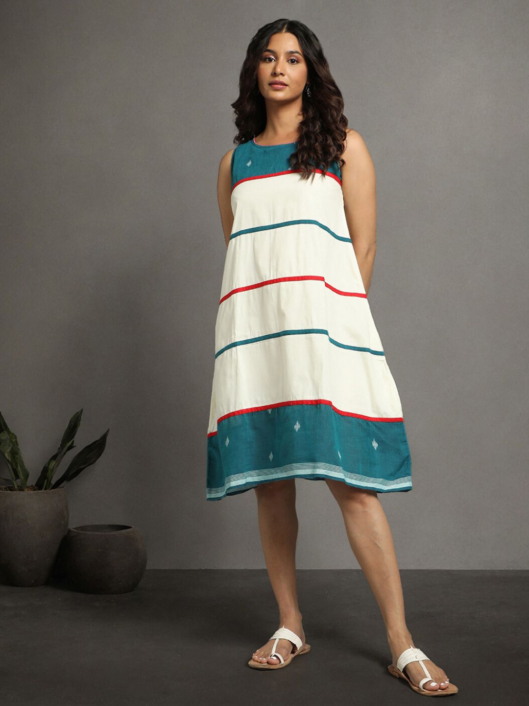 Cream Teal Green Cotton Handloom Striped dress | SHOBITAM
