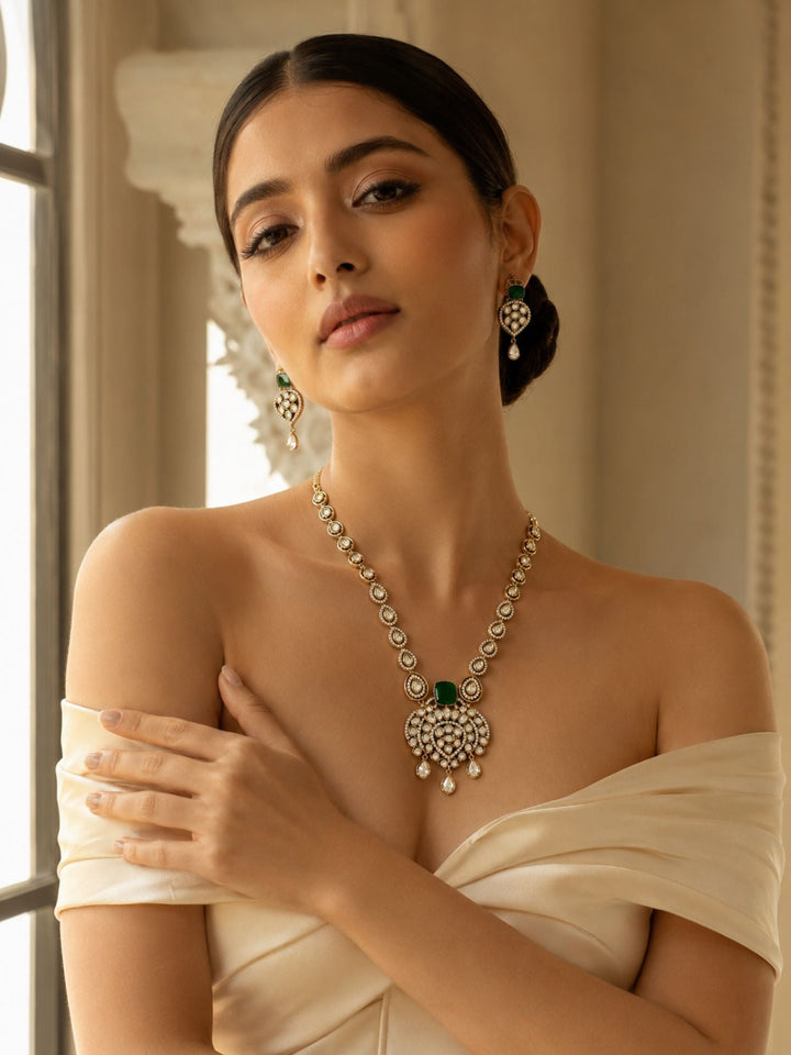 Green Kundan Pendant Necklace Set in Gold Plating | SHOBITAM