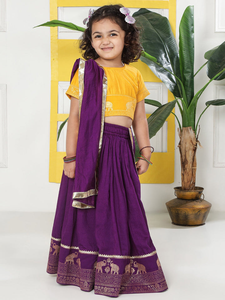 Purple Elephant Zari Embroidery Chanderi Cotton Lehenga with Stitched Yellow Blouse Set | SHOBITAM