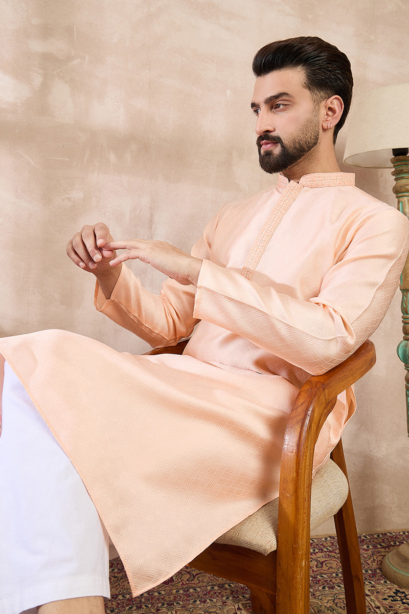 Peach Silk Blend Solid Embroidered Straight Kurta With Trouser For Men | SHOBITAM