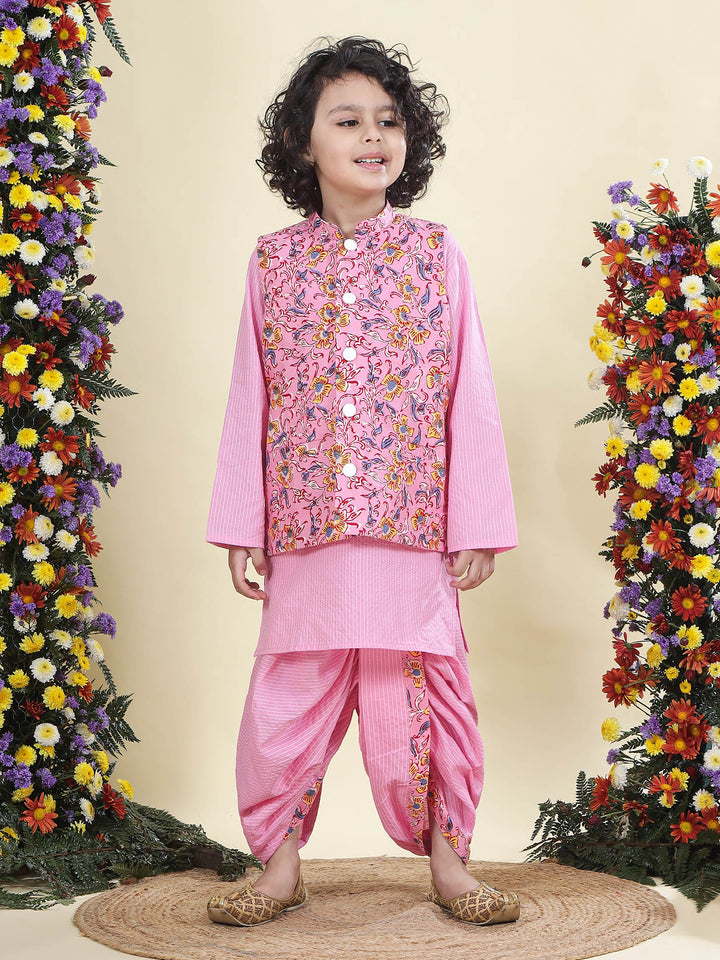 Pink Block Print Floral Nehru Jacket with Cotton Kurta Dhoti Set | SHOBITAM