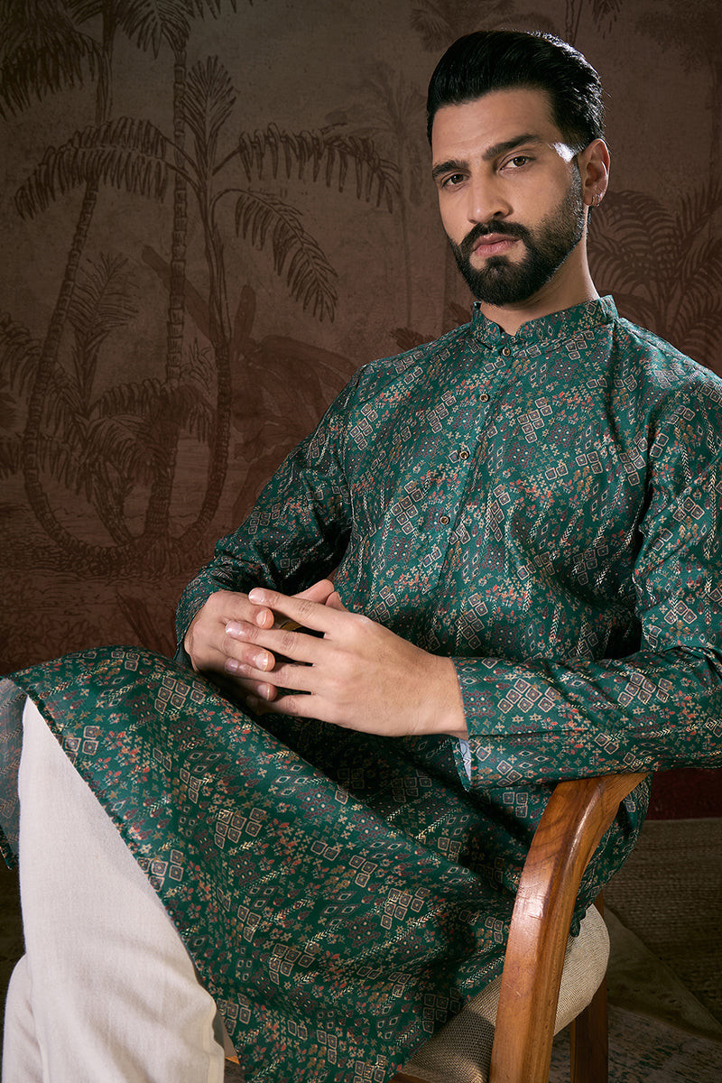 Sea Green Silk Blend Ethnic Motifs Printed Straight Kurta With Trouser | SHOBITAM