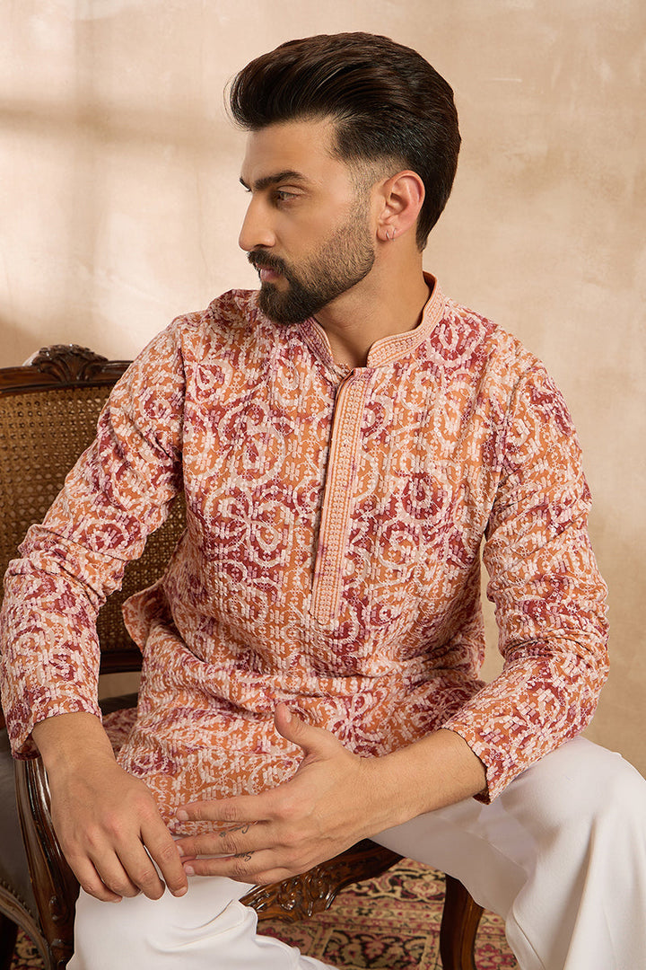 Orange Viscose Rayon Batik Embroidered Straight Kurta With Trouser | SHOBITAM