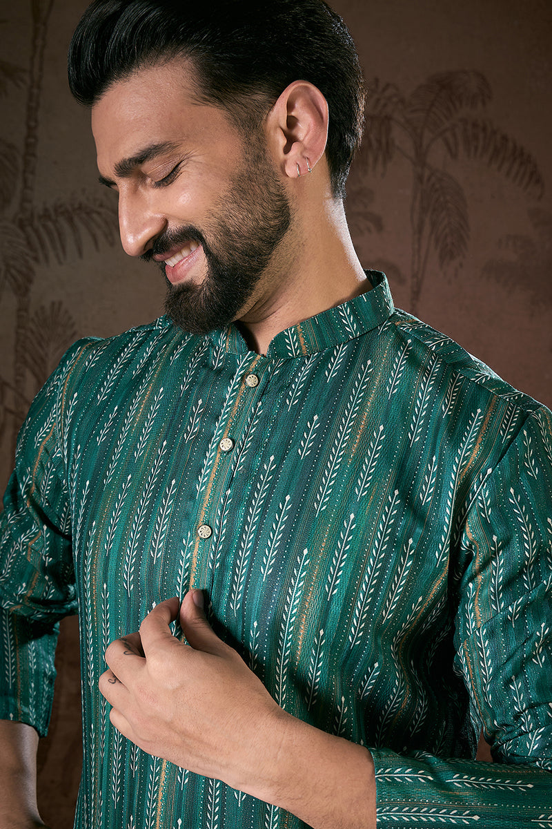 Turquoise Blue Silk Blend Floral Printed Straight Kurta For Men | SHOBITAM