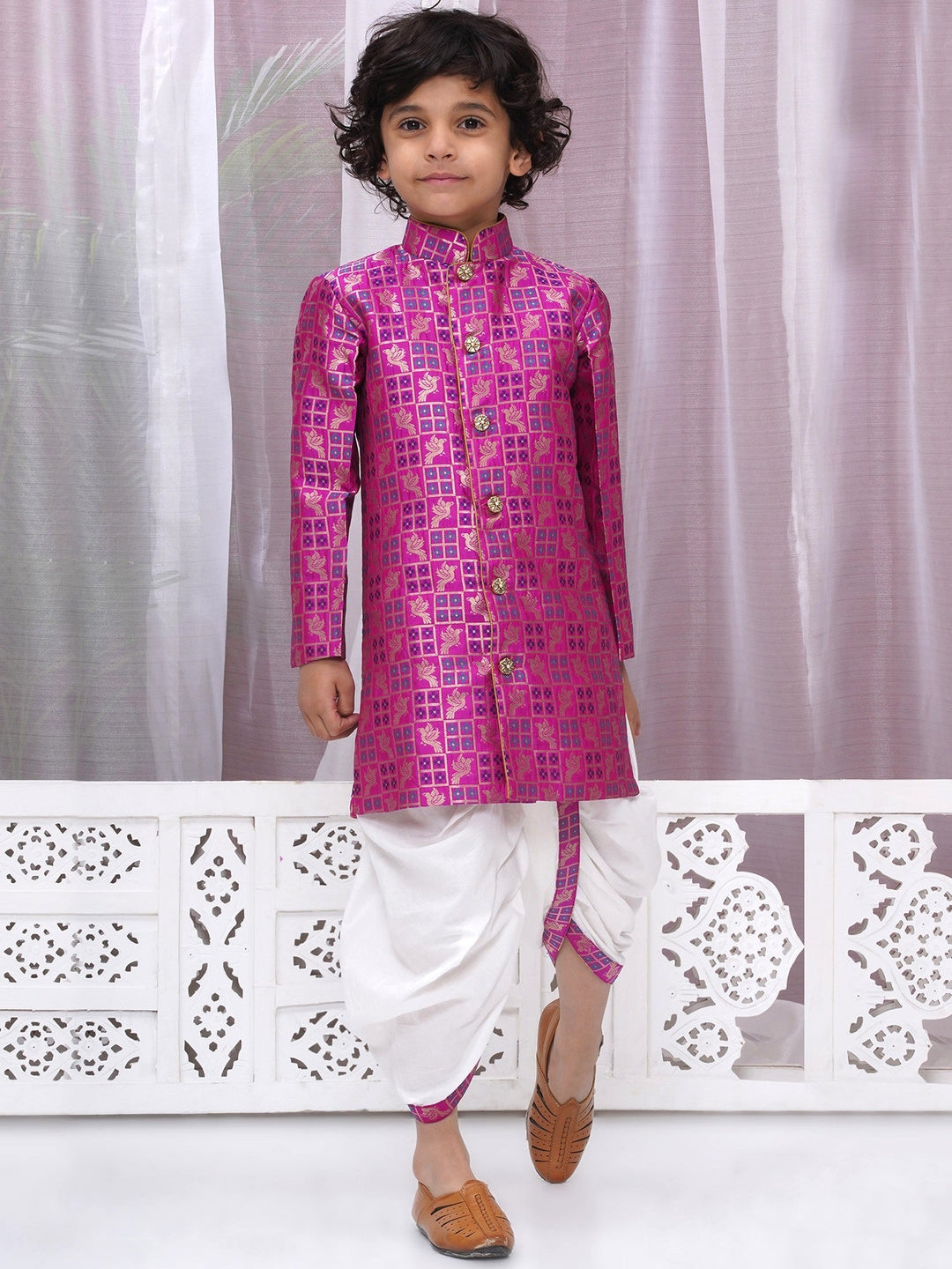 Boys Silk Brocade Full Sleeves Sherwani and Dhoti with Bird Embroidery & Kundan Buttons- Magenta | SHOBITAM
