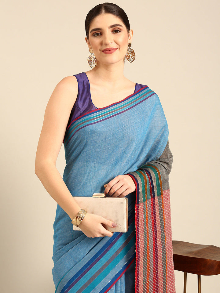 Blue Sequins Cotton Handloom Saree | SHOBITAM