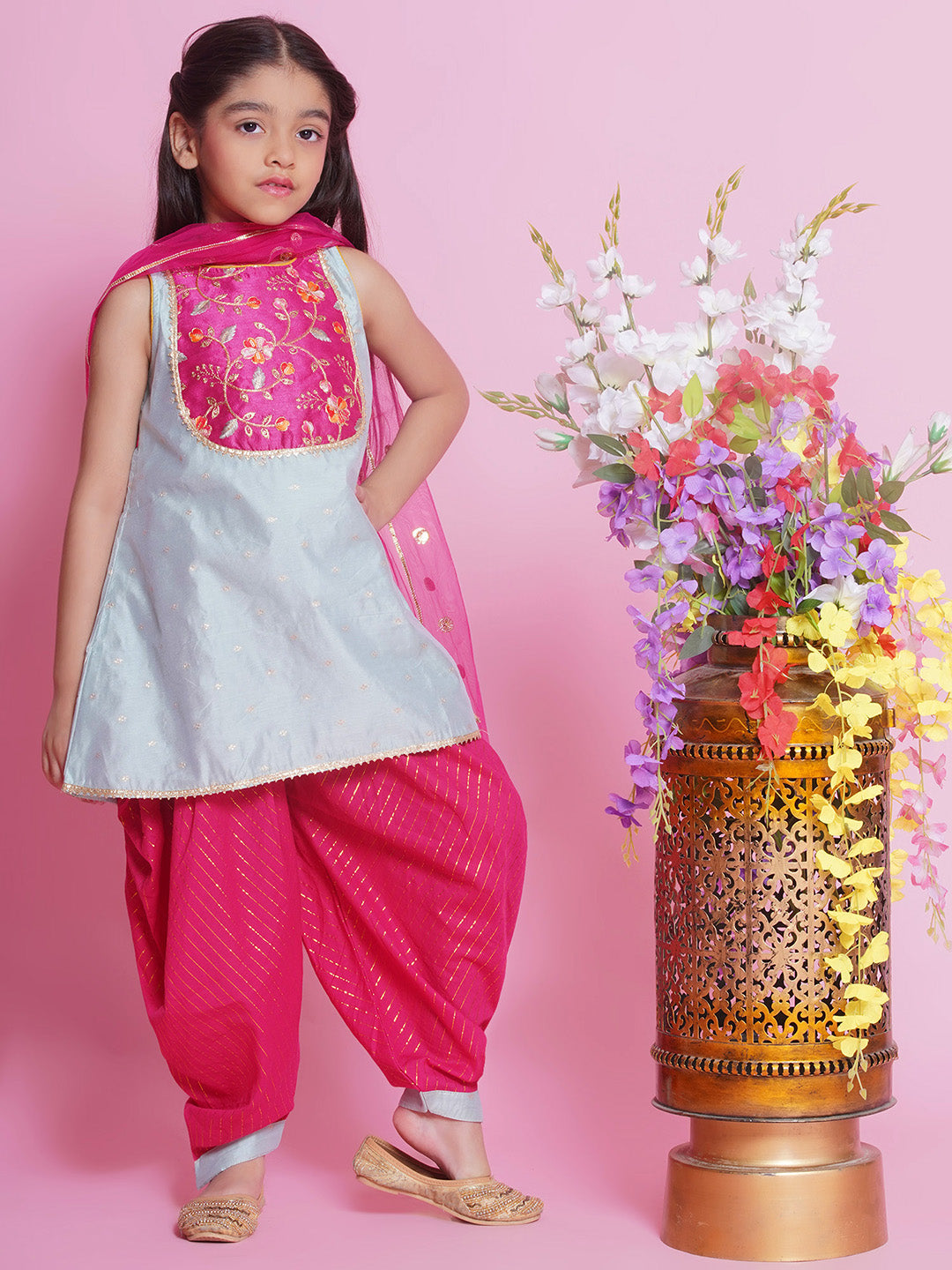 Girls Cotton Silk Sleeveless Kurta with Dhoti Salwar and Dupatta with Floral Embroidery - Dolphin Green | SHOBITAM