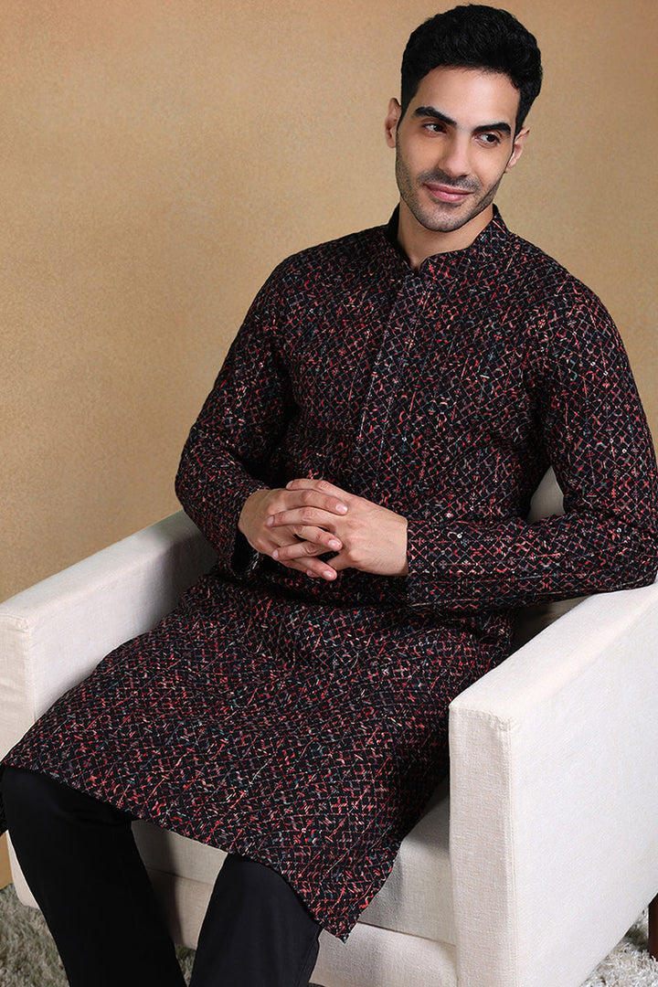 Black Viscose Rayon Ethnic Motifs Embroidered Straight Kurta For Men | SHOBITAM