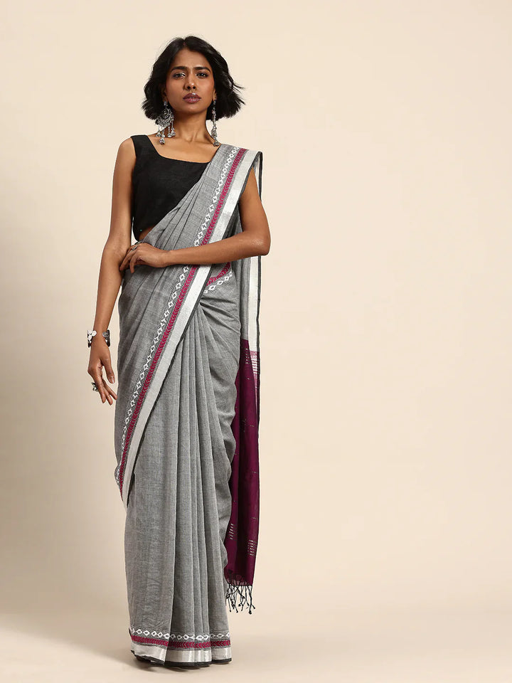 Handloom Grey Purple Cotton Kantha Saree