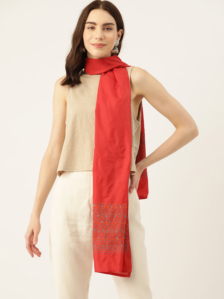 Red & Yellow Kantha Art Silk Stole | SHOBITAM