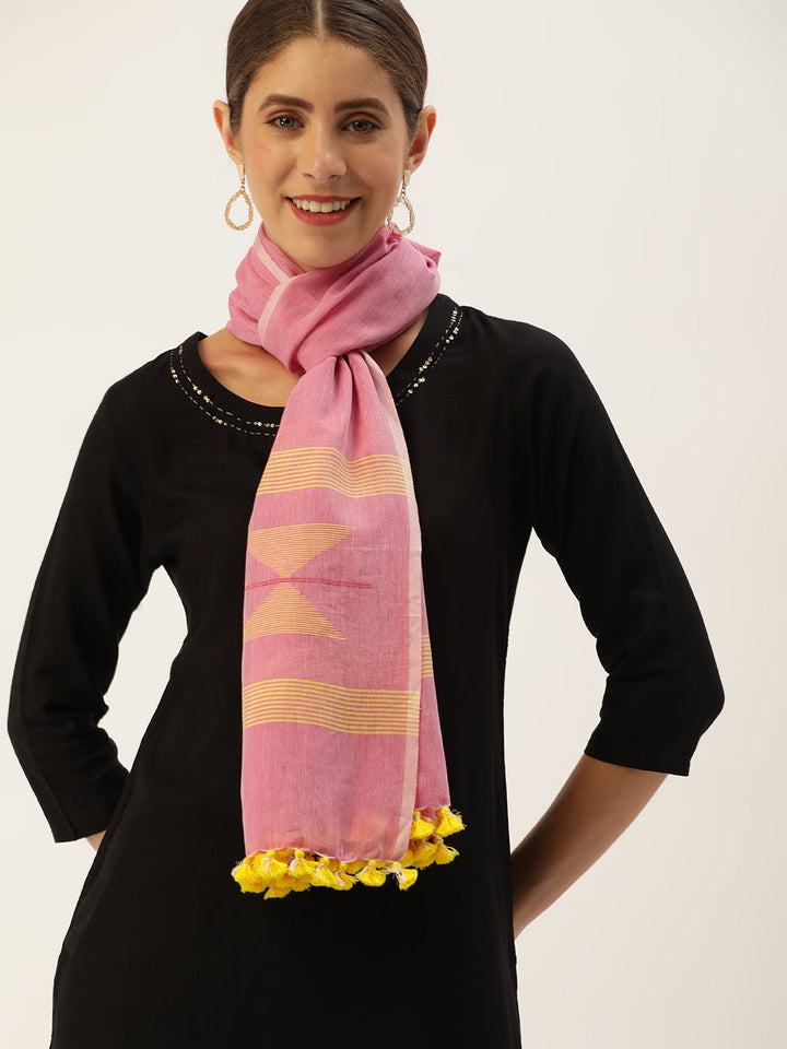 Pink Yellow Jamdani Cotton Stole | SHOBITAM