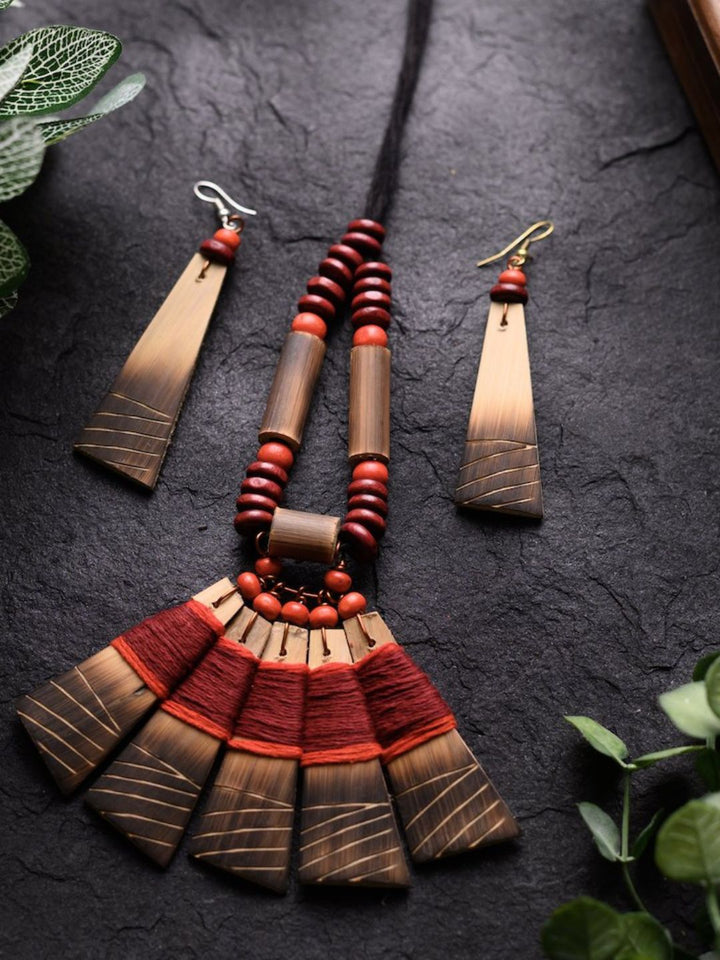 Birbhum Handmade Maroon Red Bamboo Tribal Jewellery Set | SHOBITAM