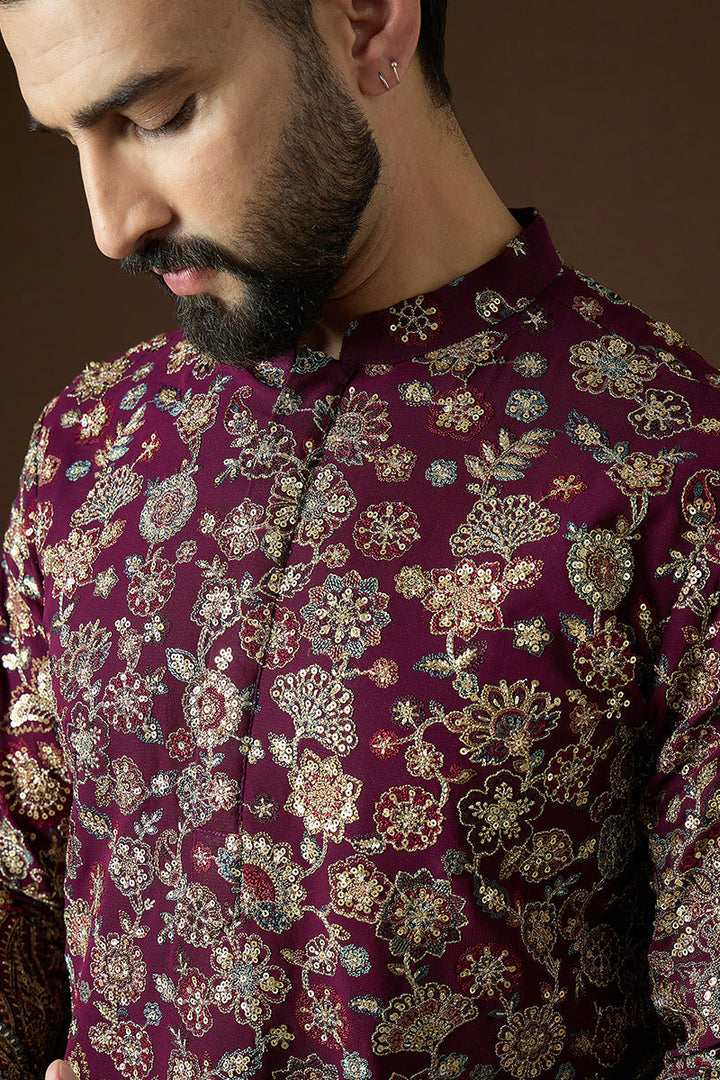 Wine Georgette Solid Embroidered Straight Kurta | SHOBITAM