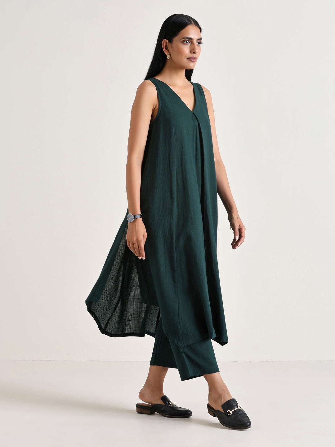 Dark Green Sleeveless Flared Kurta Pant Set | SHOBITAM