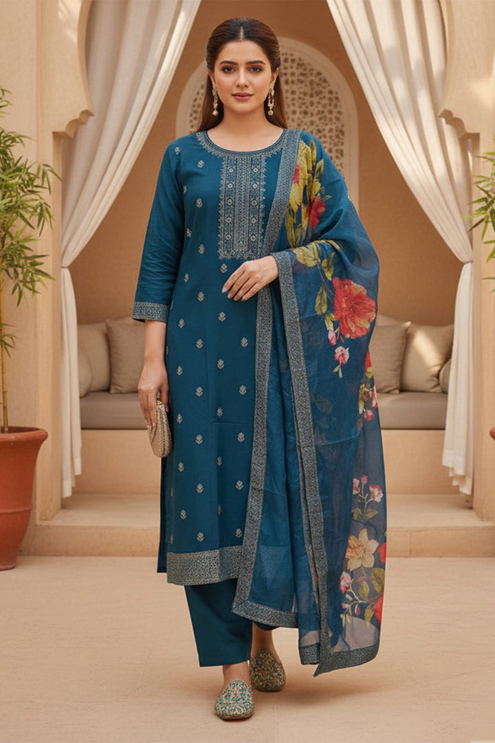 Blue Silk Blend Ethnic Motifs Stoning Straight Kurta Trouser with Dupatta | SHOBITAM