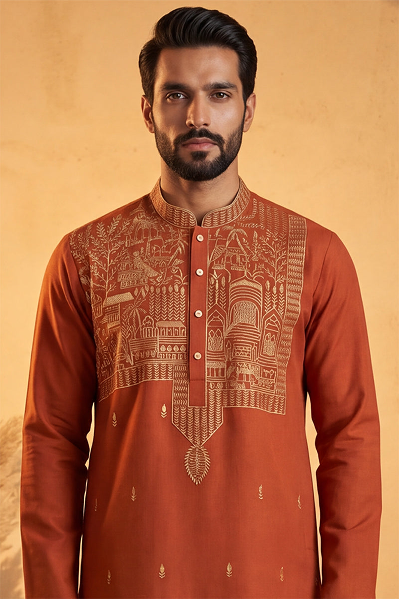 Mens Orange Silk Blend Solid Emboidered Straight Kurta With Trouser | SHOBITAM