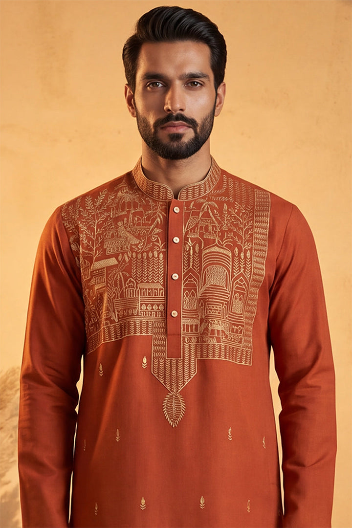 Mens Orange Silk Blend Solid Emboidered Straight Kurta With Trouser | SHOBITAM