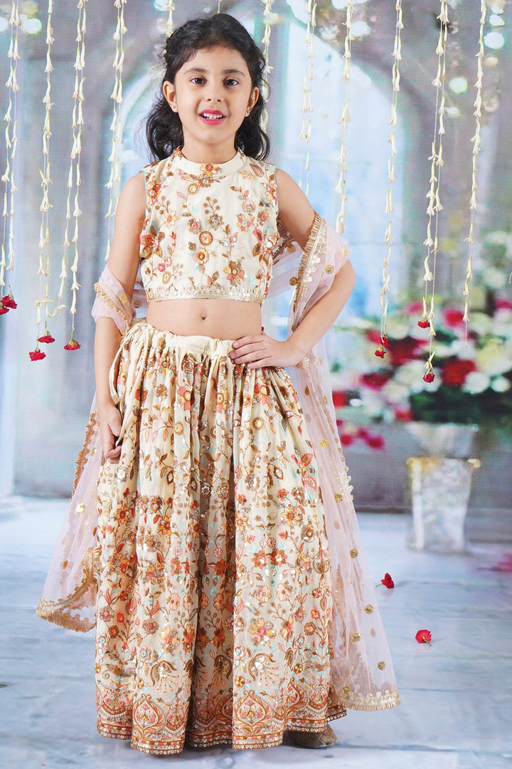Girls Floral Embrodiery Lehenga with Blouse and Lacework Dupatta | SHOBITAM