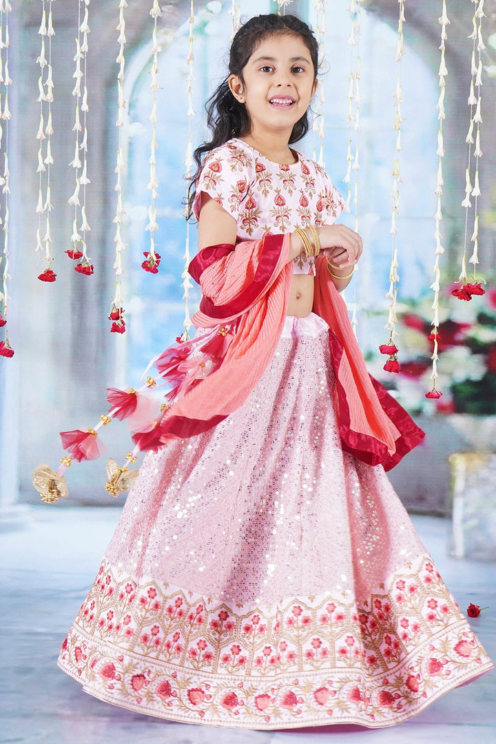 Girl Bageecha Floral Thread work Blouse with Mirror work Lehenga and Sequin moti work Dupatta, accompanied with Hand made tassel and Ghungroo work | SHOBITAM