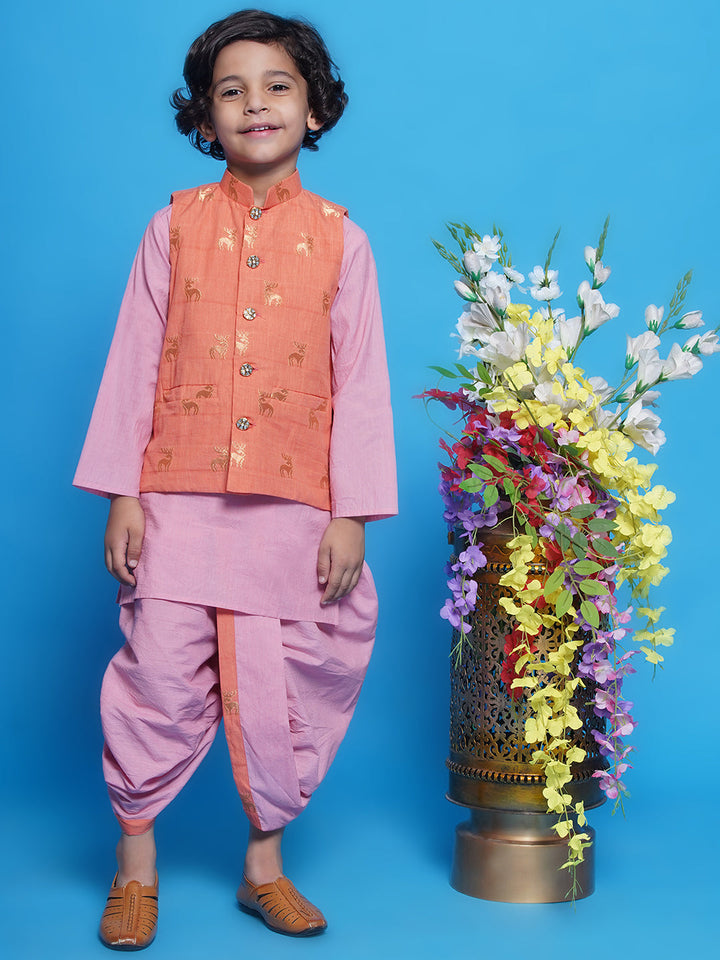 Cotton Sleeveless Golden Deer Embrodiery Nehru Jacket with Kurta and Dhoti - Peach | SHOBITAM