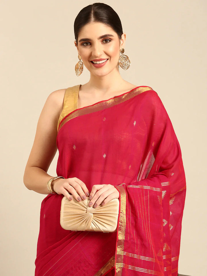 Pinkish Red Handloom Zari buti Jamdani Cotton Saree with blouse piece