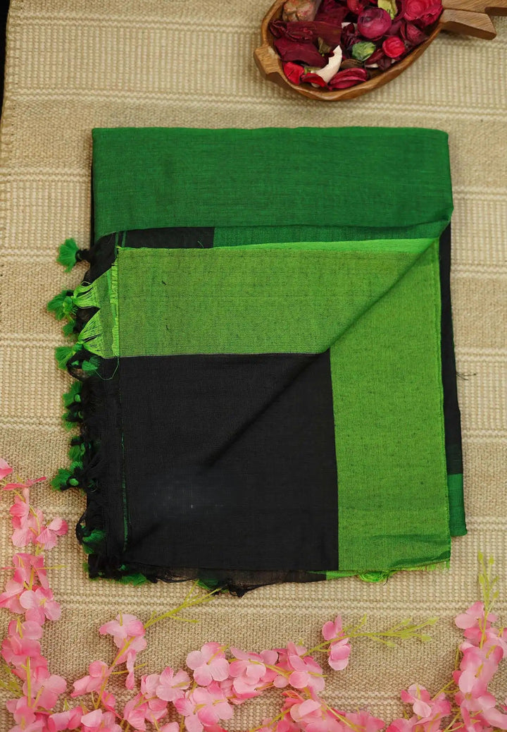 Black And Green Slub Cotton Saree  SHOBITAM