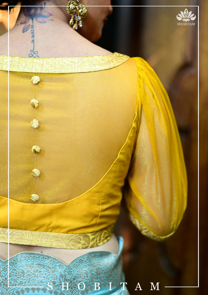 Mustard boat neck Blouse with Sheer Yoke and Puff Sleeves, Banarasi Brocade Detailing