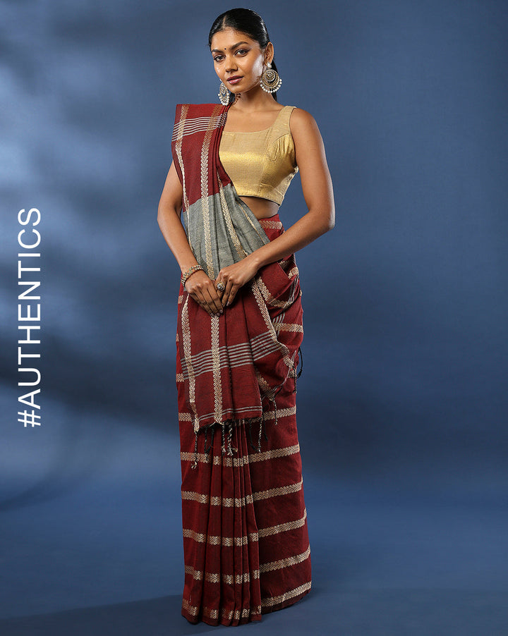 Maroon cotton Woven Saree with Blouse piece | SHOBITAM