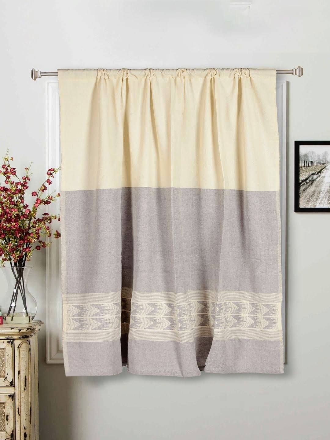 Ivory Grey Cotton Rod Pocket Curtain- Single Panel | SHOBITAM