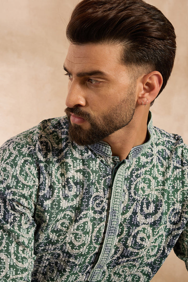 Green Viscose Rayon Batik Embroidered Straight Kurta | SHOBITAM