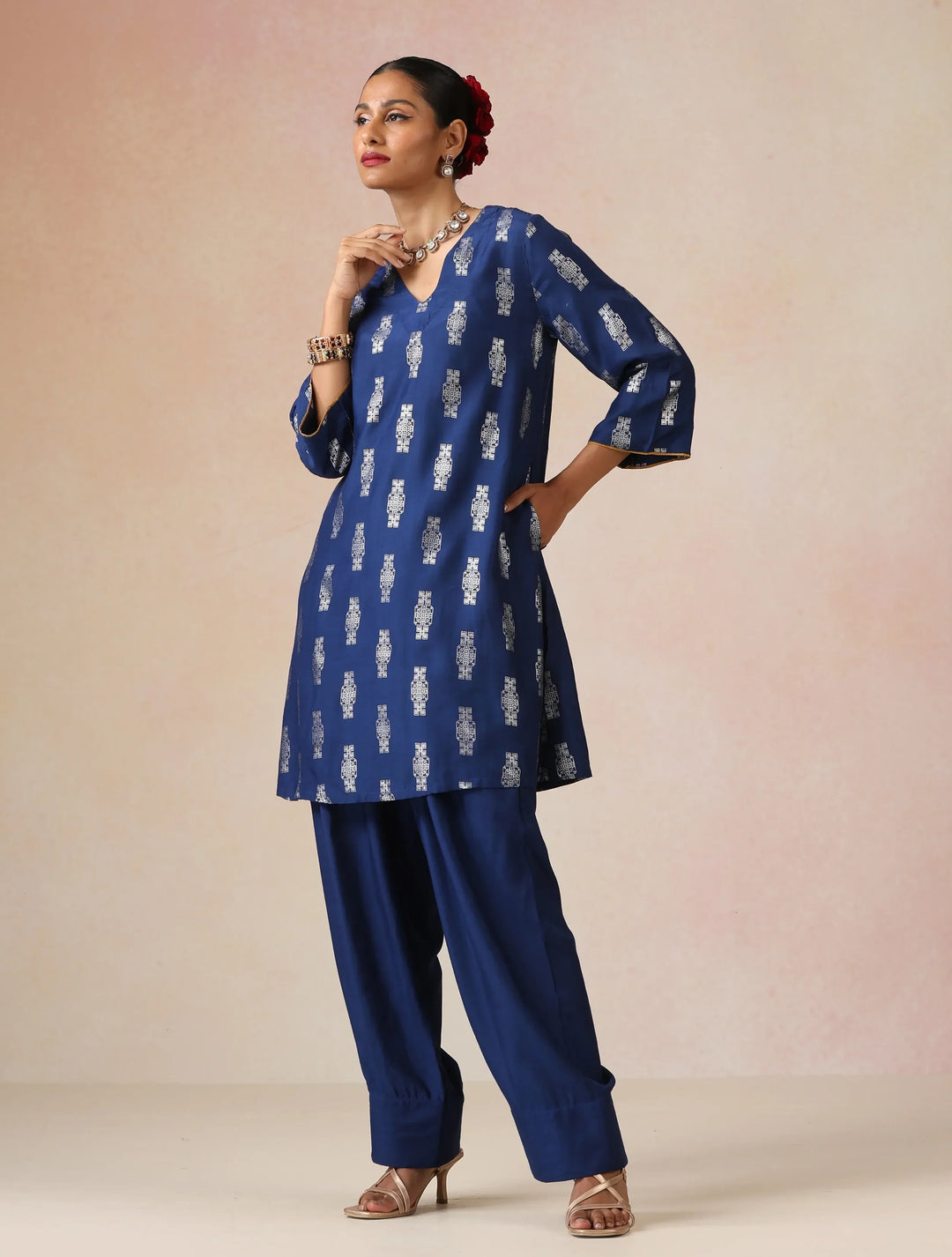 Blue Silver Foil Print Muslin Silk Kurta Farsi Pants Set| SHOBITAM