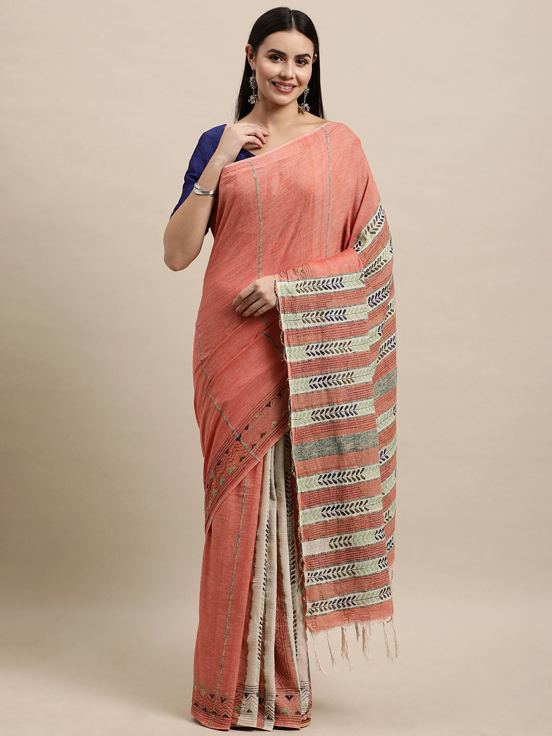 Peach Khesh Kantha Cotton Saree | SHOBITAM
