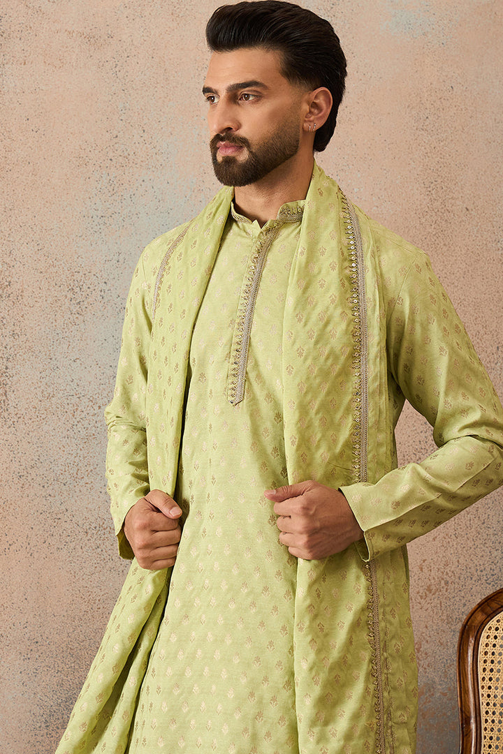 Men Green Jacquard Woven Design Floral Straight Kurta Sets  | SHOBITAM