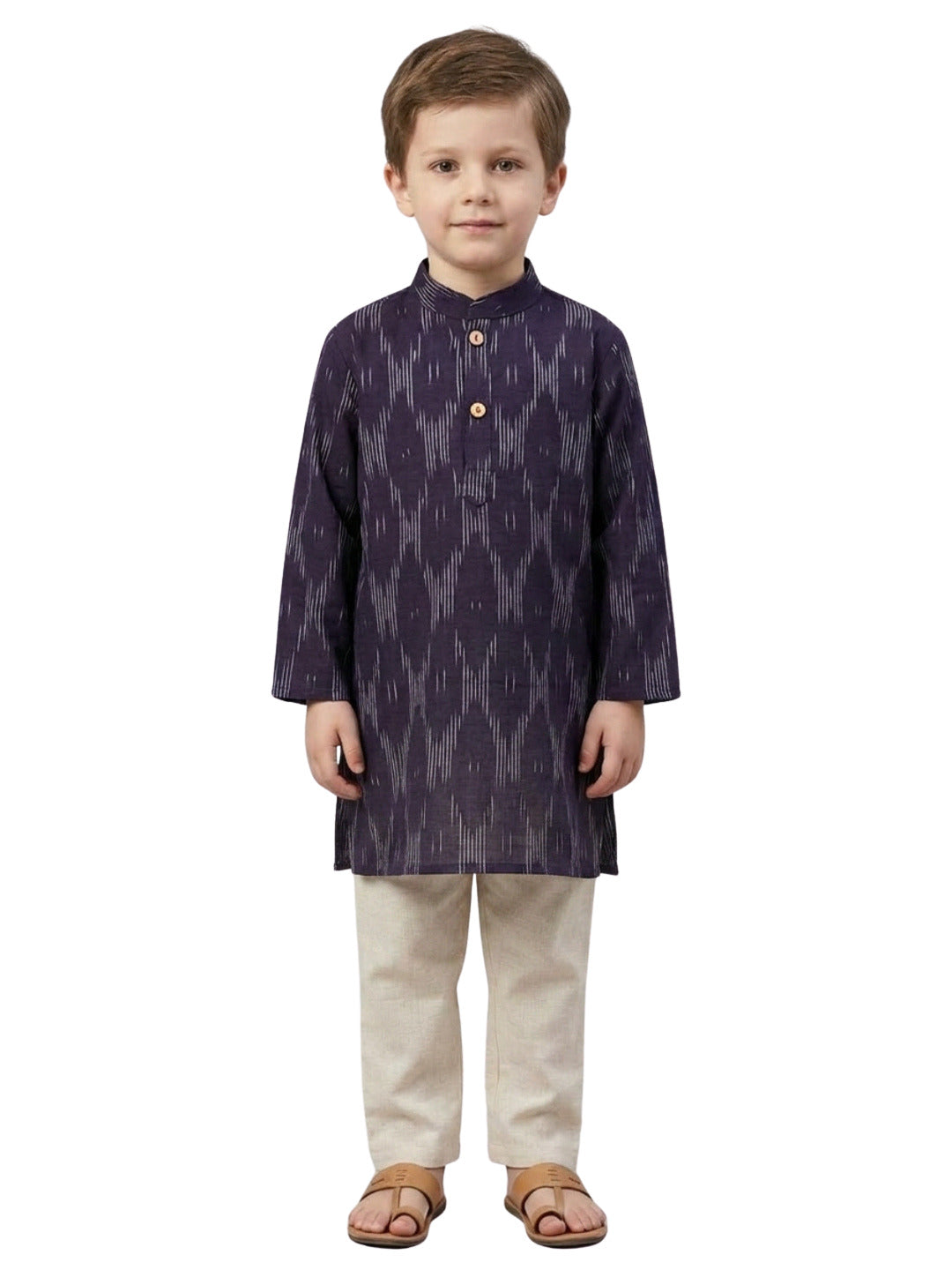 Boys Navy Blue Printed Mandarin Collar Cotton Kurta Set | SHOBITAM