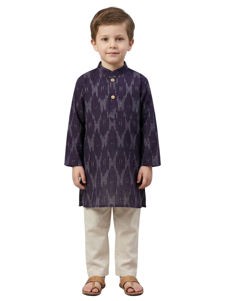 Boys Navy Blue Printed Mandarin Collar Cotton Kurta Set | SHOBITAM