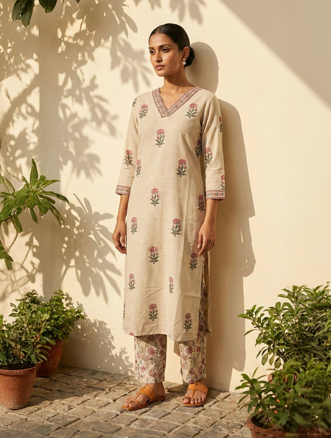 Ivory Floral Boota Print V-Neck Kurta Pant Set  | SHOBITAM
