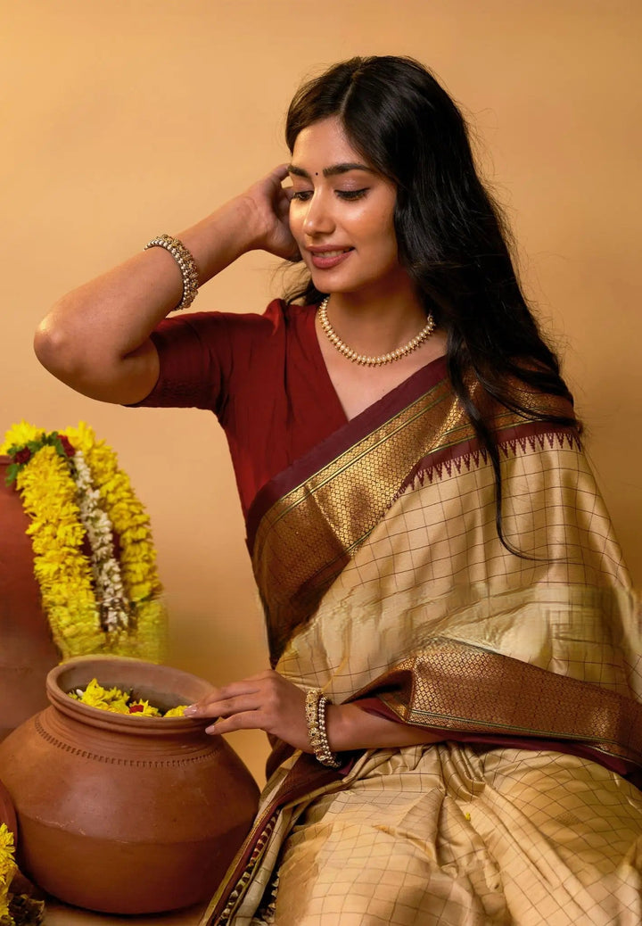 Beige Semi gadwal Saree with Maroon Contrast and Zari detailing| SHOBITAM