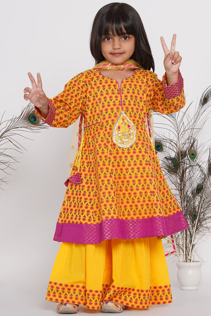 Girls Cotton Jaipuri Princecut Kurta frock with buti work, Sharara, and Dupatta | SHOBITAM