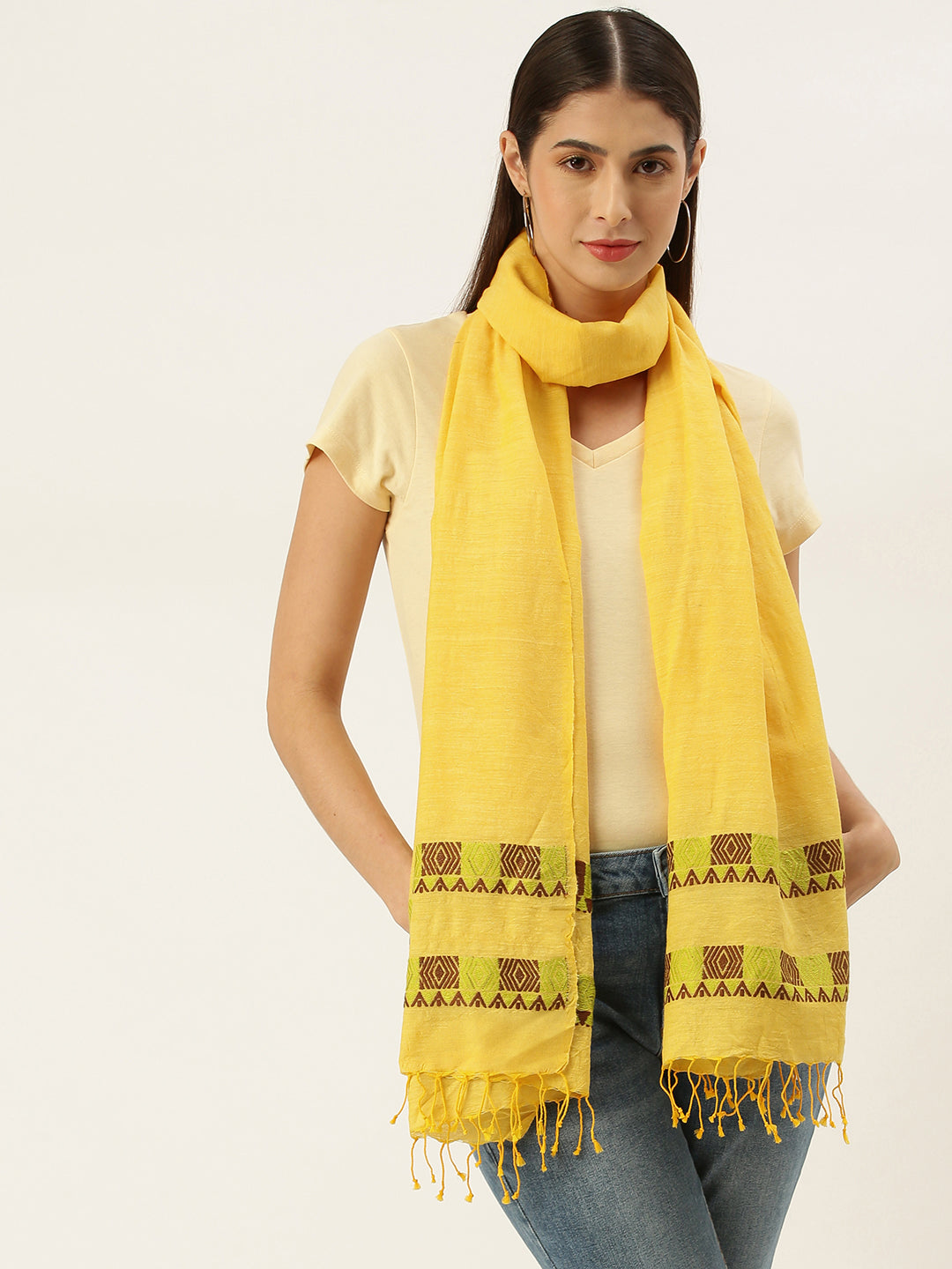 Yellow Brown Cotton Eri Silk Stole | SHOBITAM
