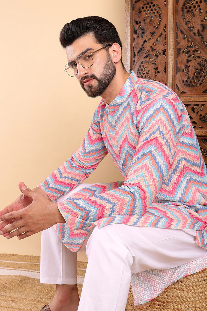 Pink Viscose Rayon Ikat Embroidered Straight Kurta For Men | SHOBITAM