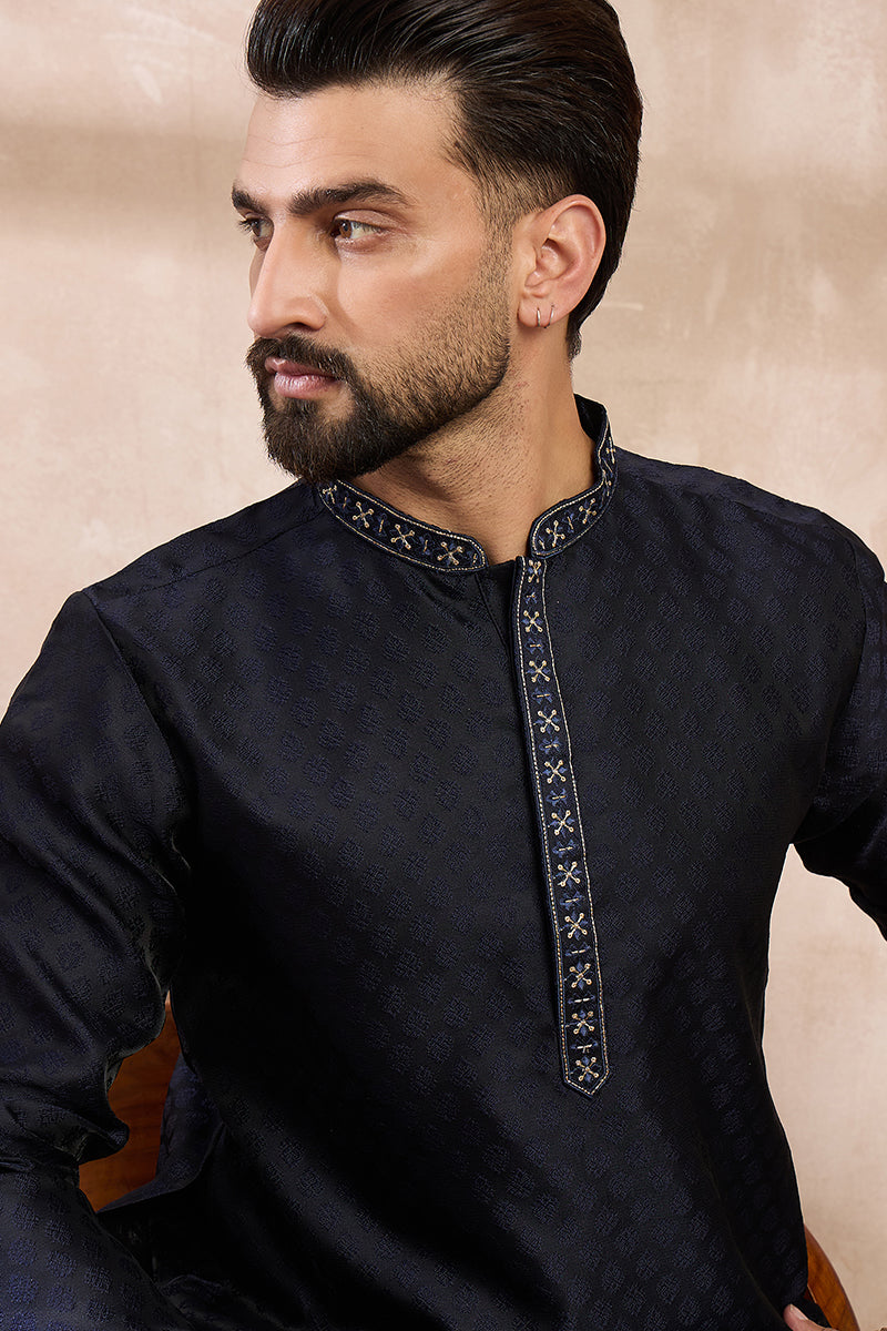 Navy Blue Silk Blend Solid Woven Design Straight Kurta | SHOBITAM